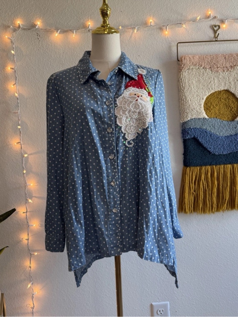 Jack B. Quick Holiday Santa Womens M Polka Dot Button Down Shirt Blue Christmas